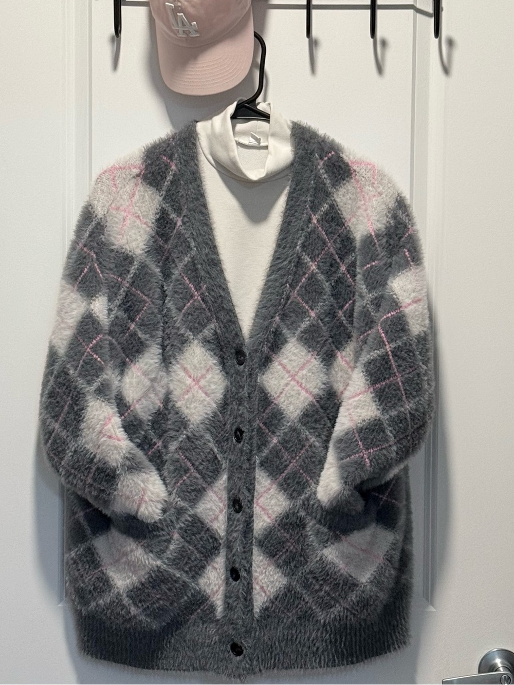 Cozy Gray & White Argyle Fuzzy Cardigan Sweater - Women's